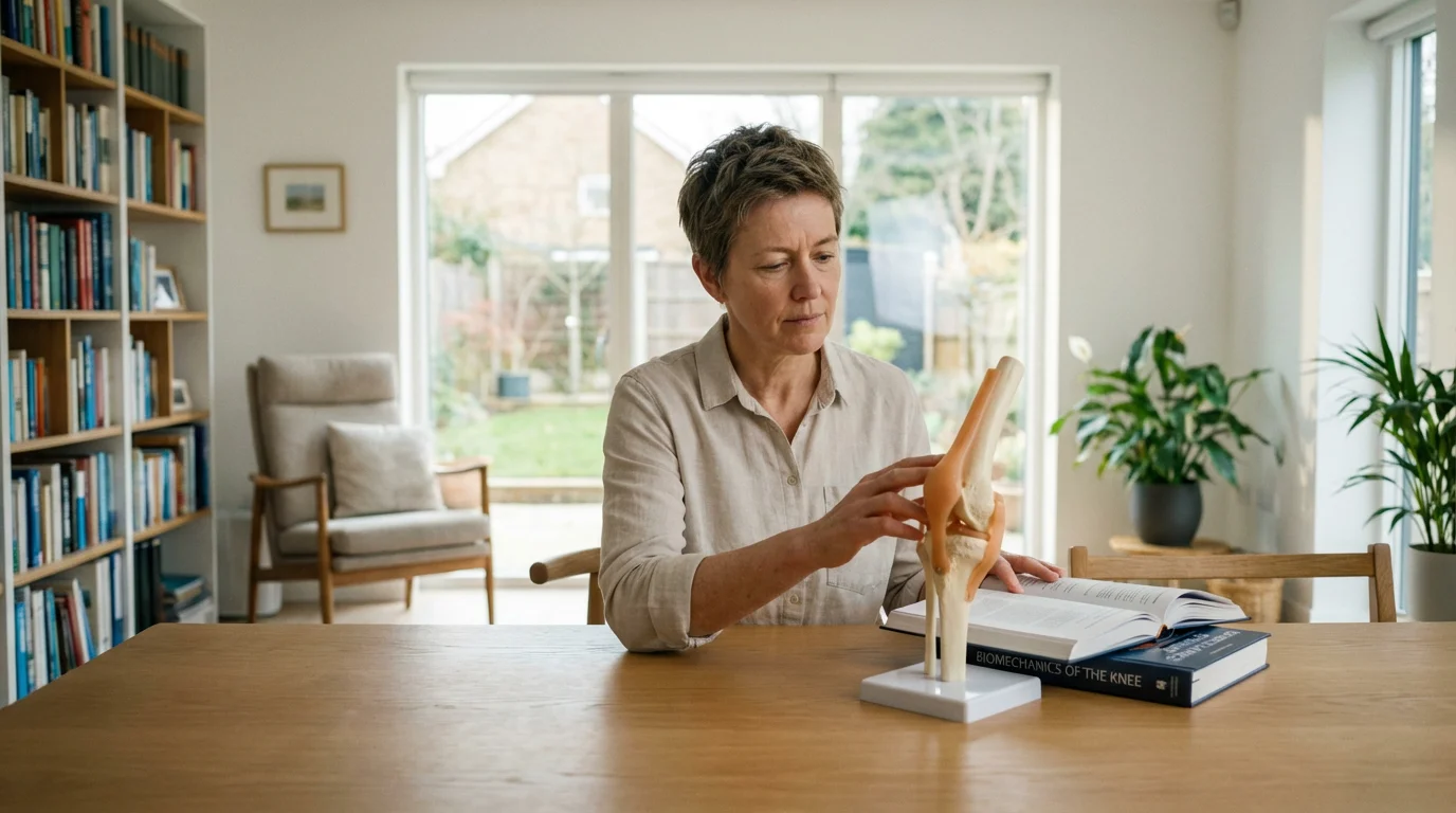 A person in a bright, modern room studying a detailed anatomical model of a knee joint.