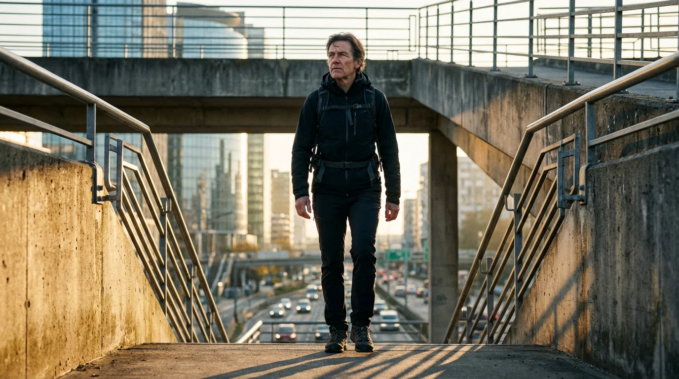 A person pauses thoughtfully on a modern pedestrian bridge with long afternoon shadows.
