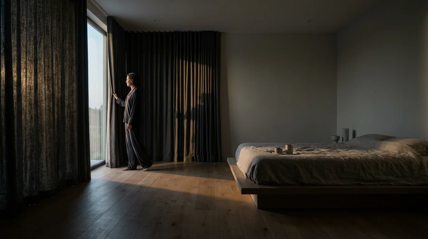 A person pulls a heavy blackout curtain across a large window in a serene bedroom.