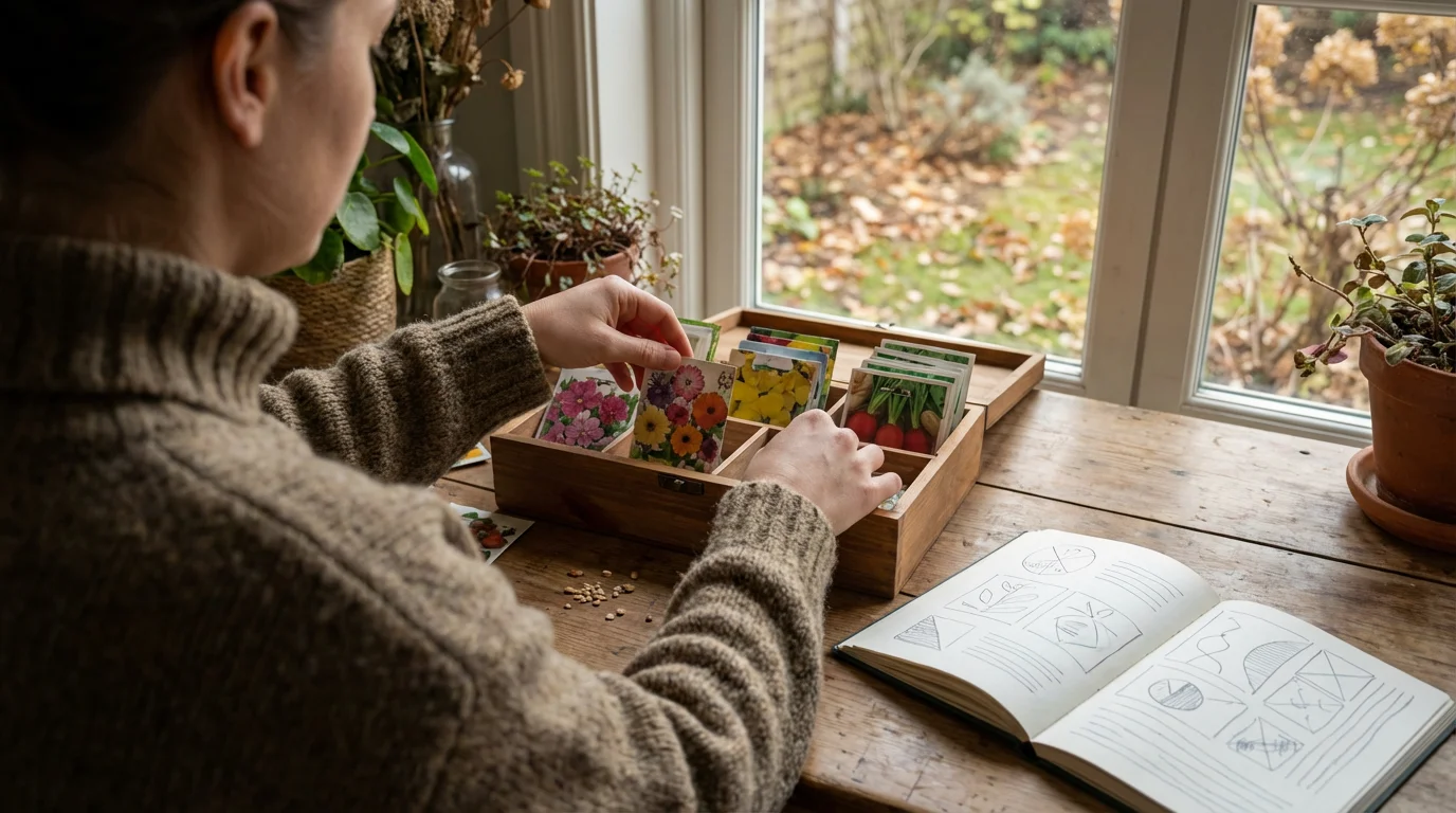 A person seen from over the shoulder, organizing seed packets at a sunlit table.