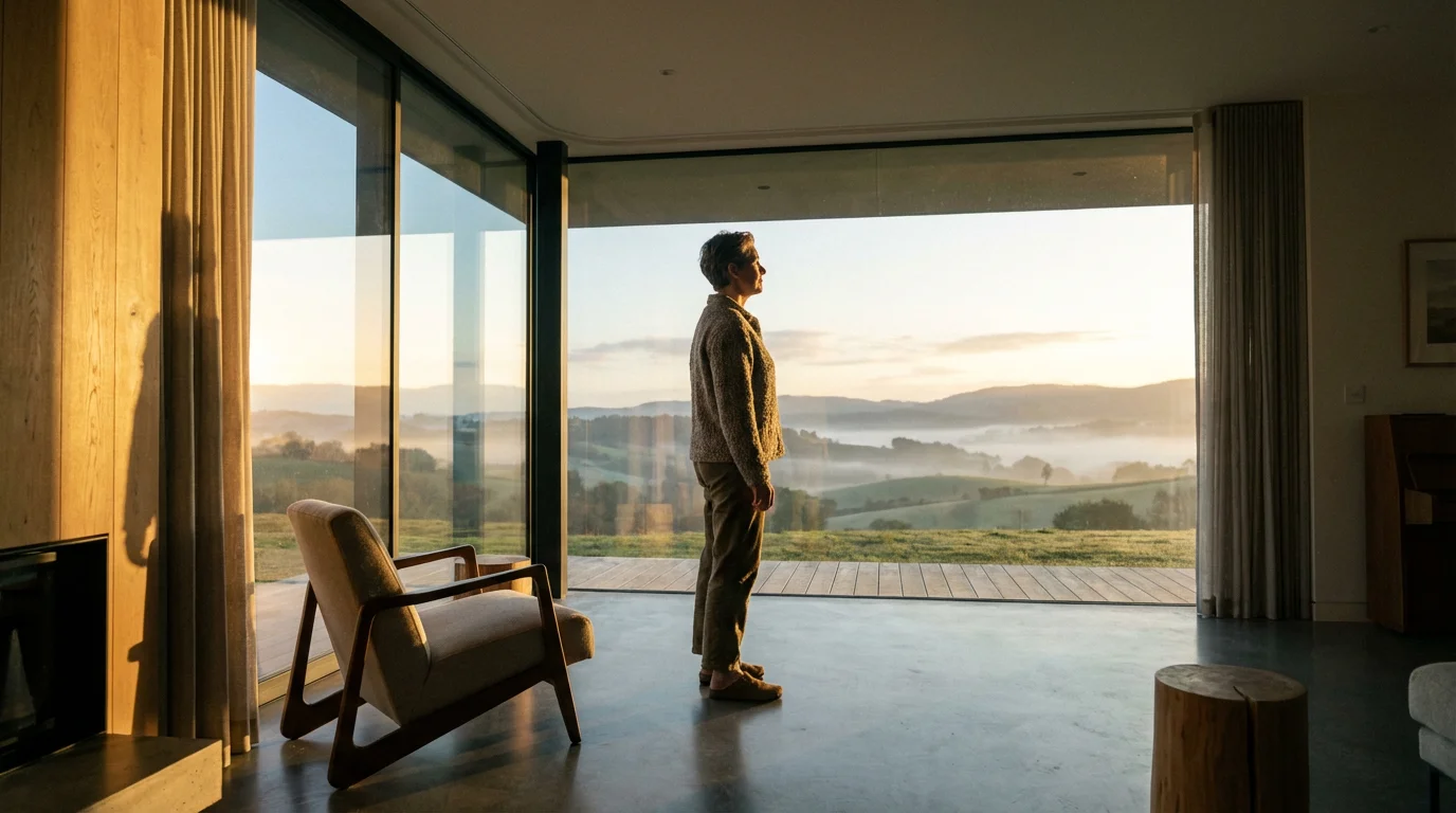 A person stands in a modern room, looking out a large window at sunrise.