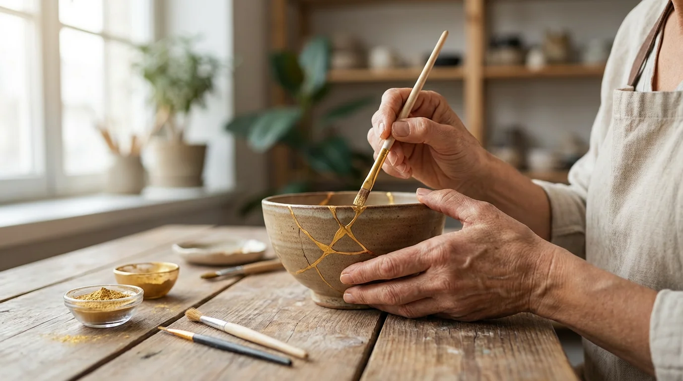A person's hands carefully mending a broken ceramic bowl with gold, kintsugi style.