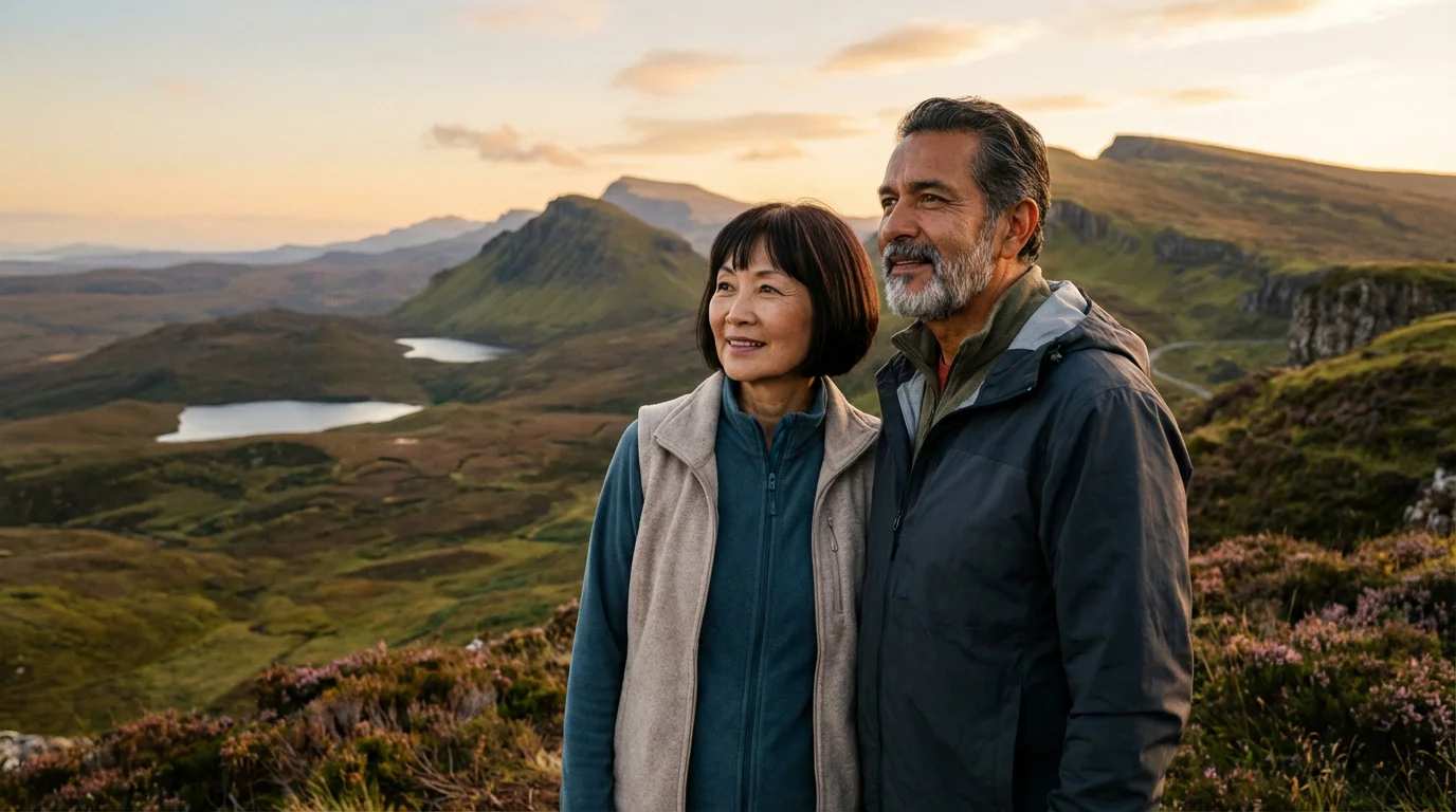 A retired couple enjoying the view of the Scottish Highlands during a golden hour sunset.