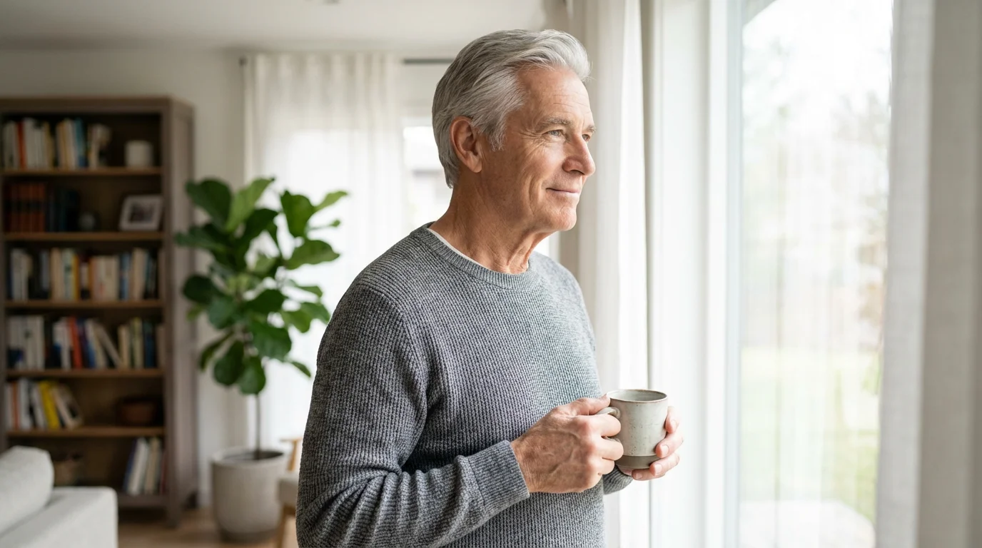 A retired man with silver hair thoughtfully looks out a sunny window, holding coffee.