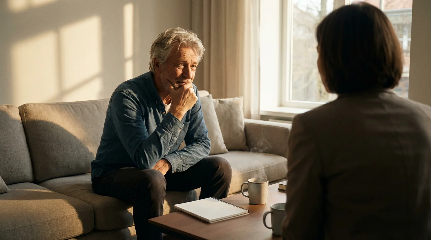 A retirement coach in a thoughtful conversation with a senior man during a session.