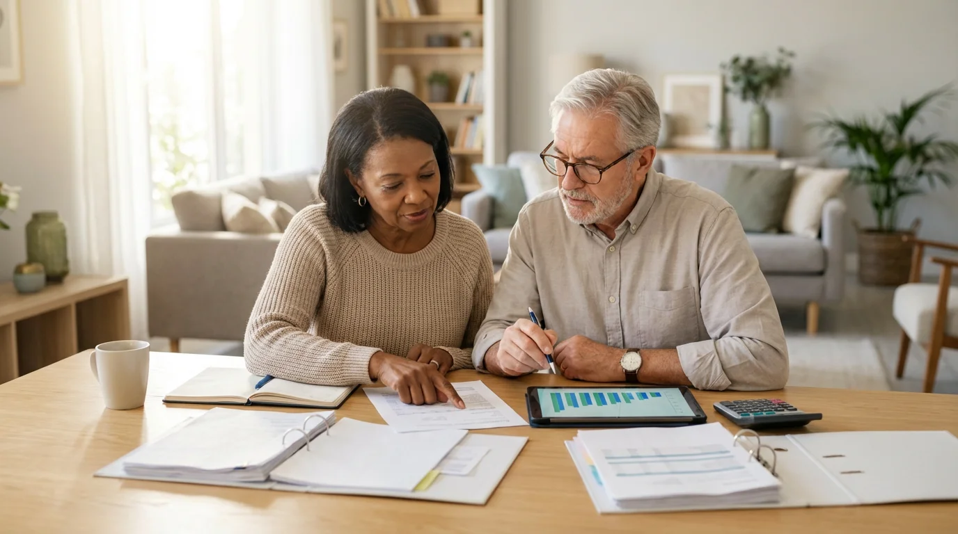 A senior couple at a dining table reviewing financial documents and a tablet.