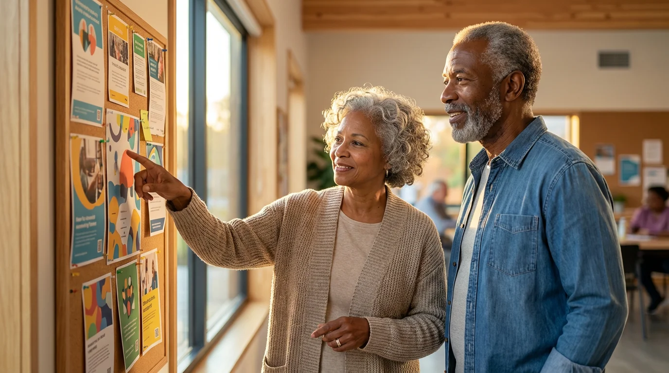 A senior couple cheerfully reviews activity flyers on a community center bulletin board at sunset.