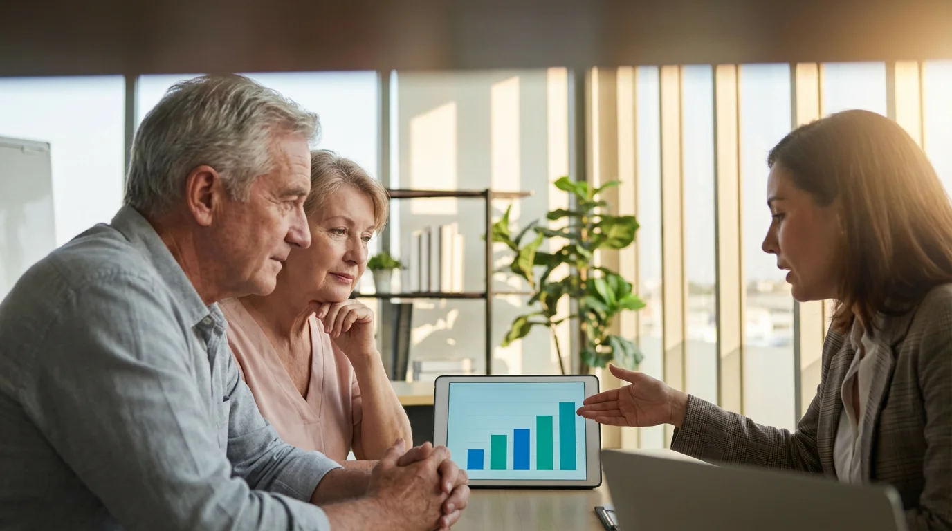 A senior couple in a thoughtful meeting with a professional financial advisor in her office.