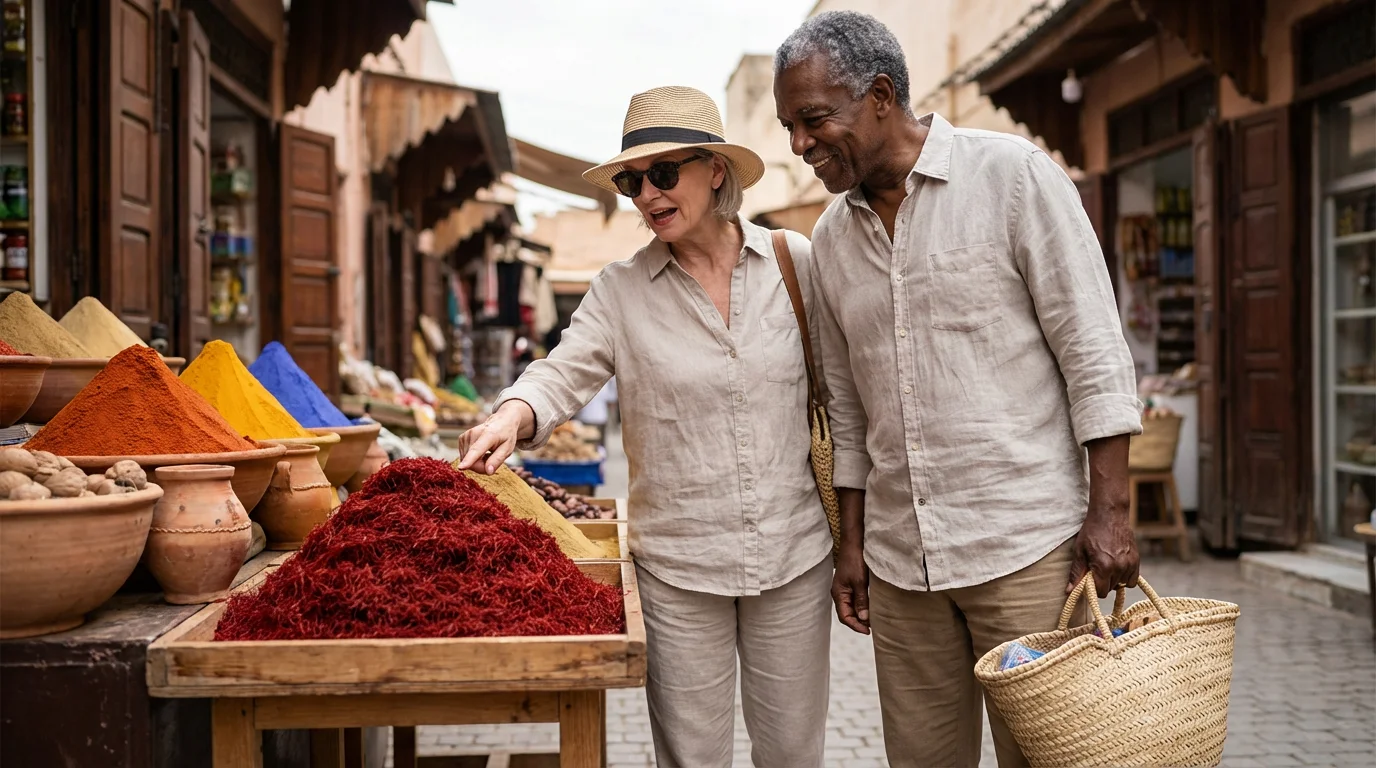 A senior couple joyfully shops for spices at a colorful, bustling Moroccan outdoor market.