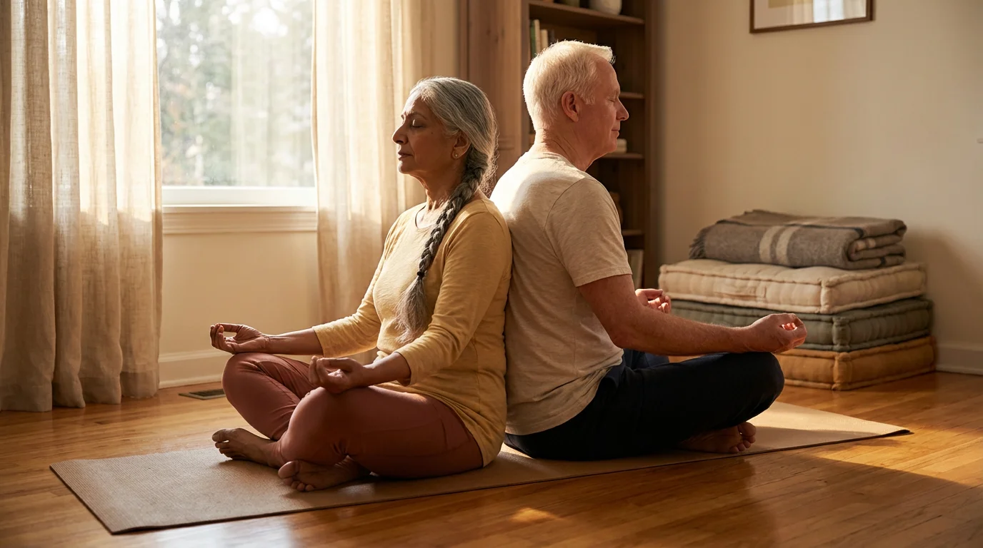 A senior couple meditates back-to-back on yoga mats in a bright living room.