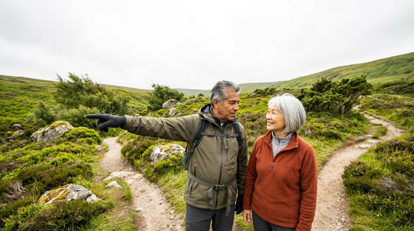 A senior couple on a scenic hike, pausing together at a fork in the trail.