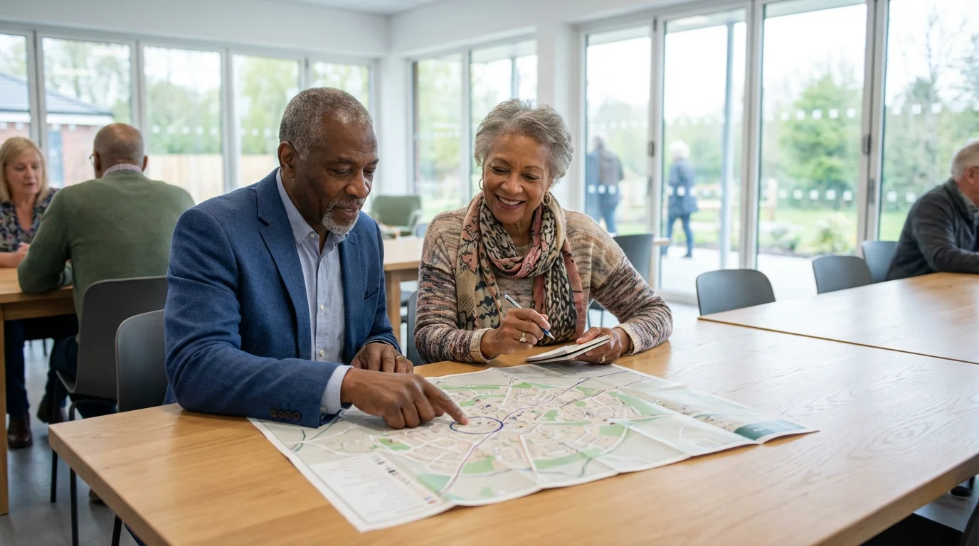 A senior couple sits at a table in a community center planning with a map.