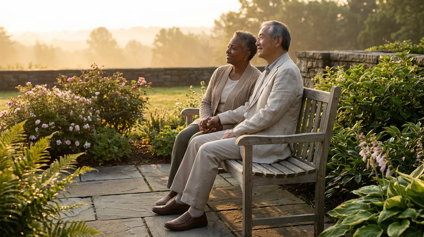 A senior couple sits peacefully on their patio at sunrise, enjoying their garden.
