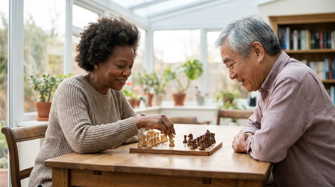 A senior couple smiles while playing a game of chess in a bright, modern sunroom.