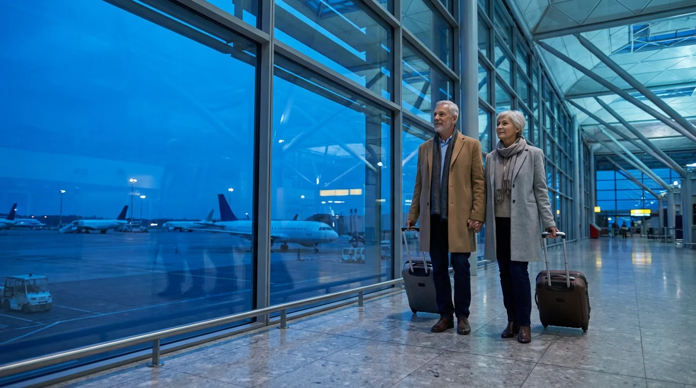 A senior couple standing in a modern airport terminal during the blue hour.