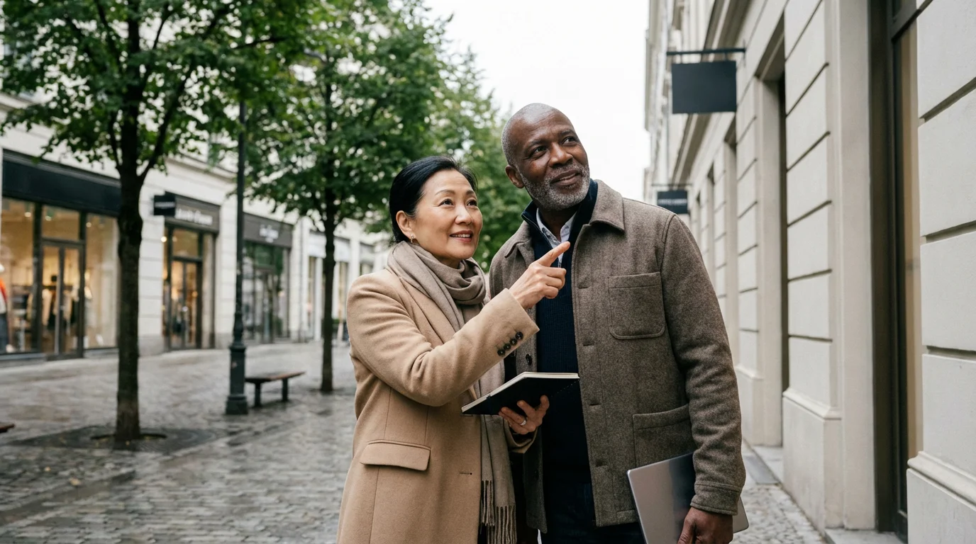 A senior couple thoughtfully observes a city street, planning a potential retirement business venture.