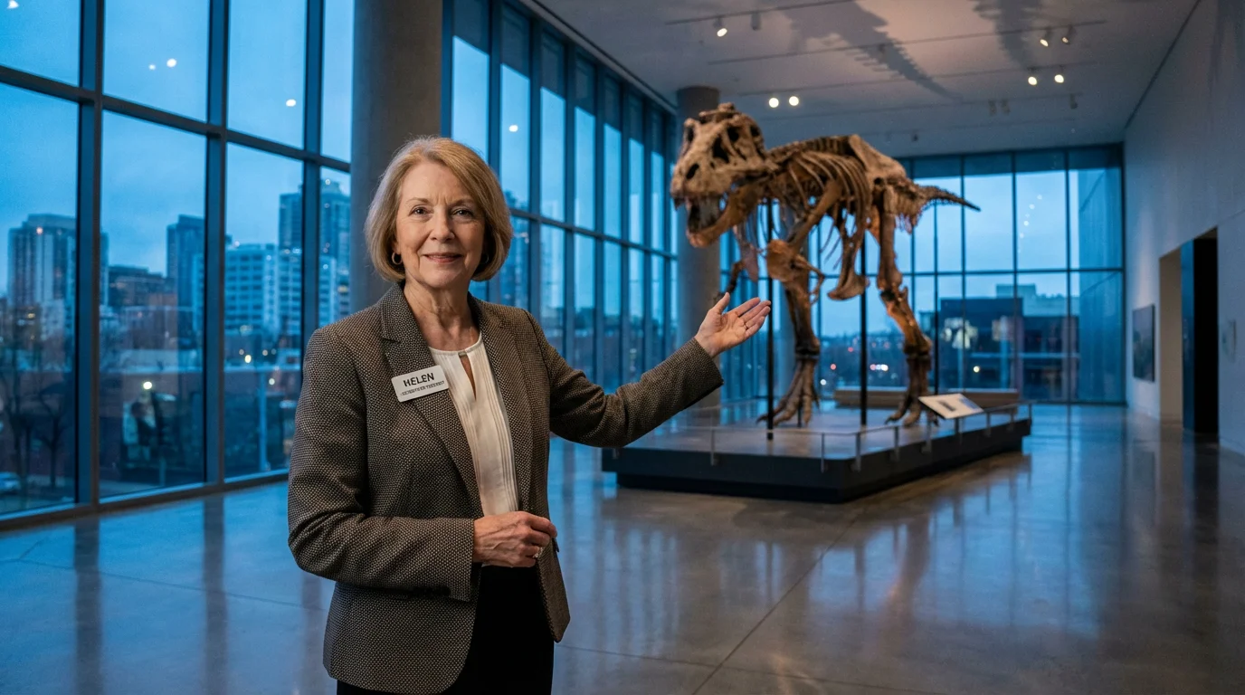 A senior female volunteer docent gesturing towards a dinosaur exhibit in a museum at twilight.