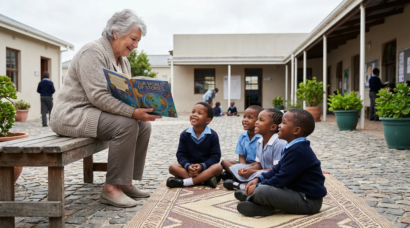 A senior female volunteer reads a book to a group of young children outdoors.