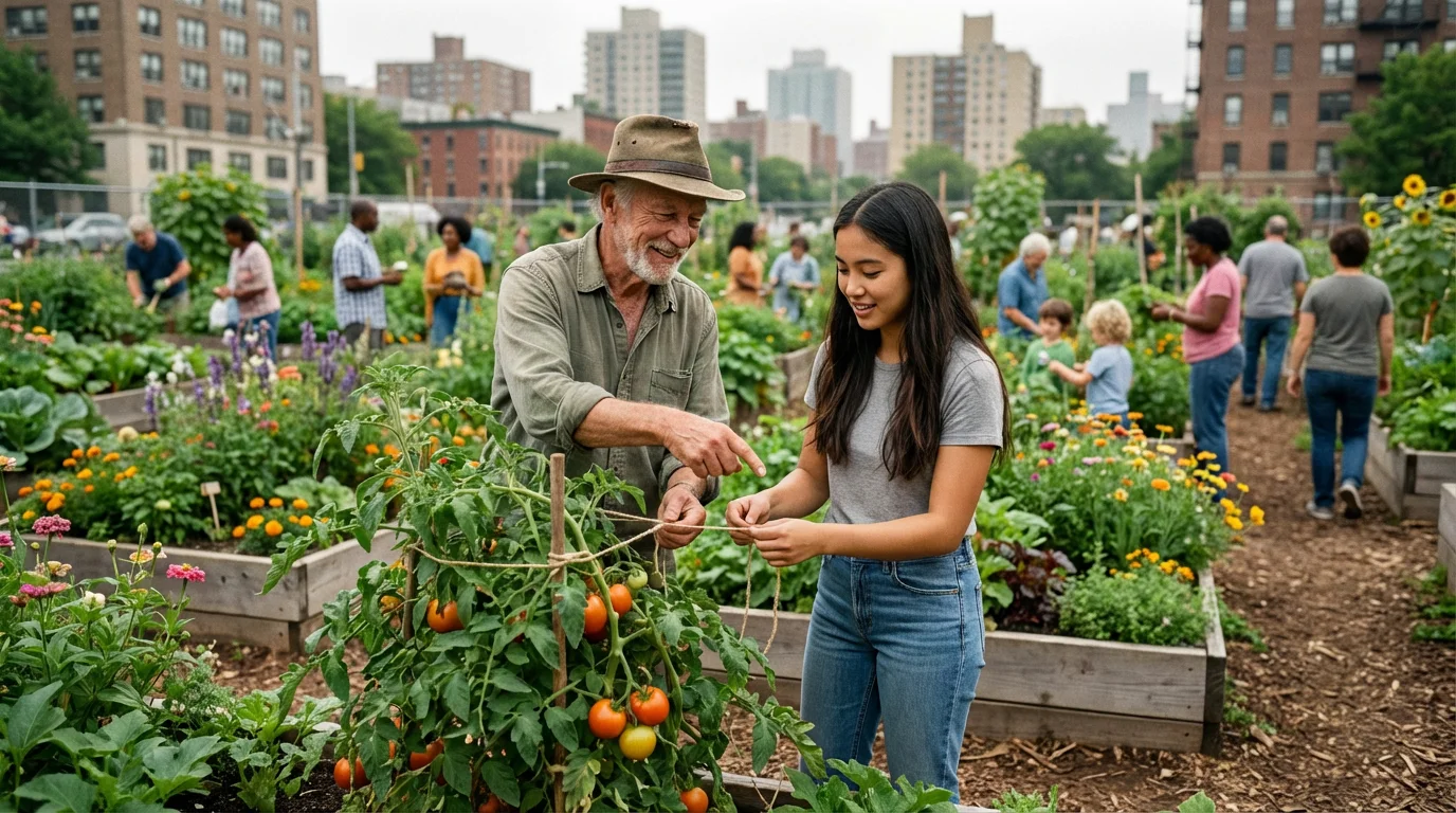 A senior man and a young woman working together in a vibrant community garden.