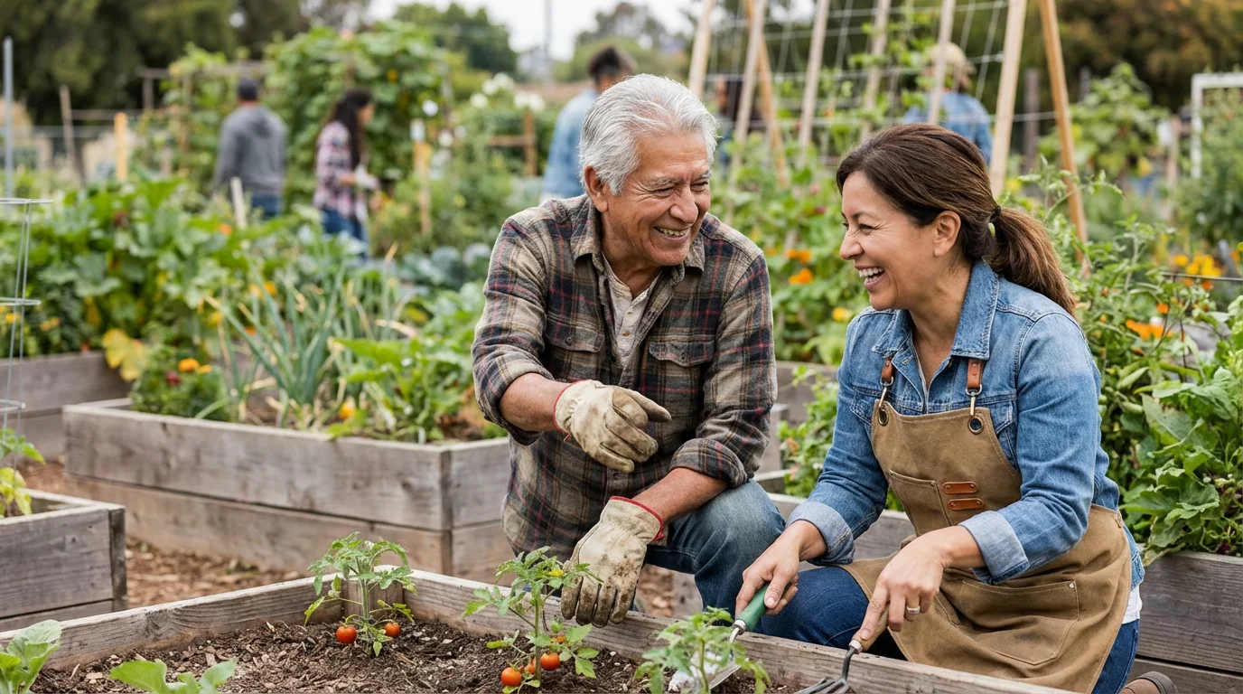 A senior man and a younger woman volunteering together in a community garden.