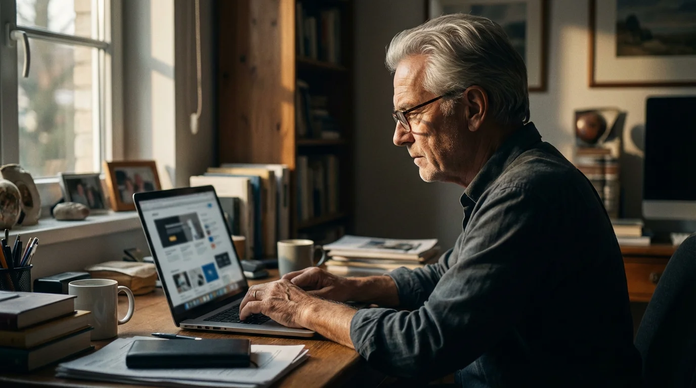 A senior man at a desk researches volunteer opportunities on his laptop in the afternoon.