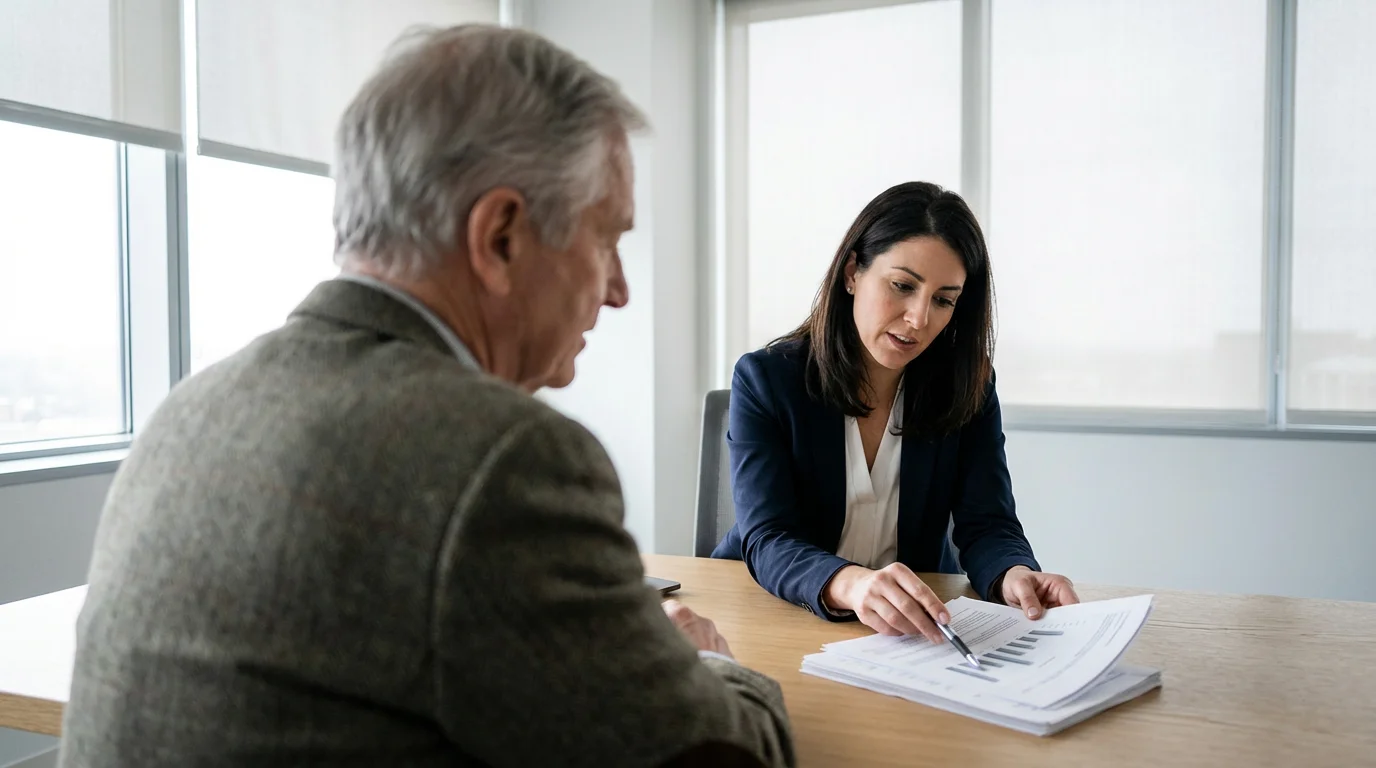 A senior man at a desk reviewing essential legal documents with a financial advisor.
