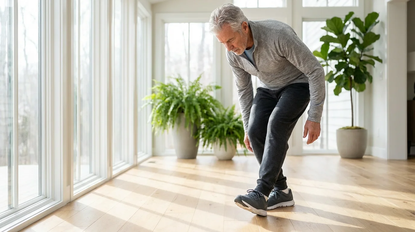 A senior man carefully performing a heel-to-toe walking balance exercise in a sunlit room.