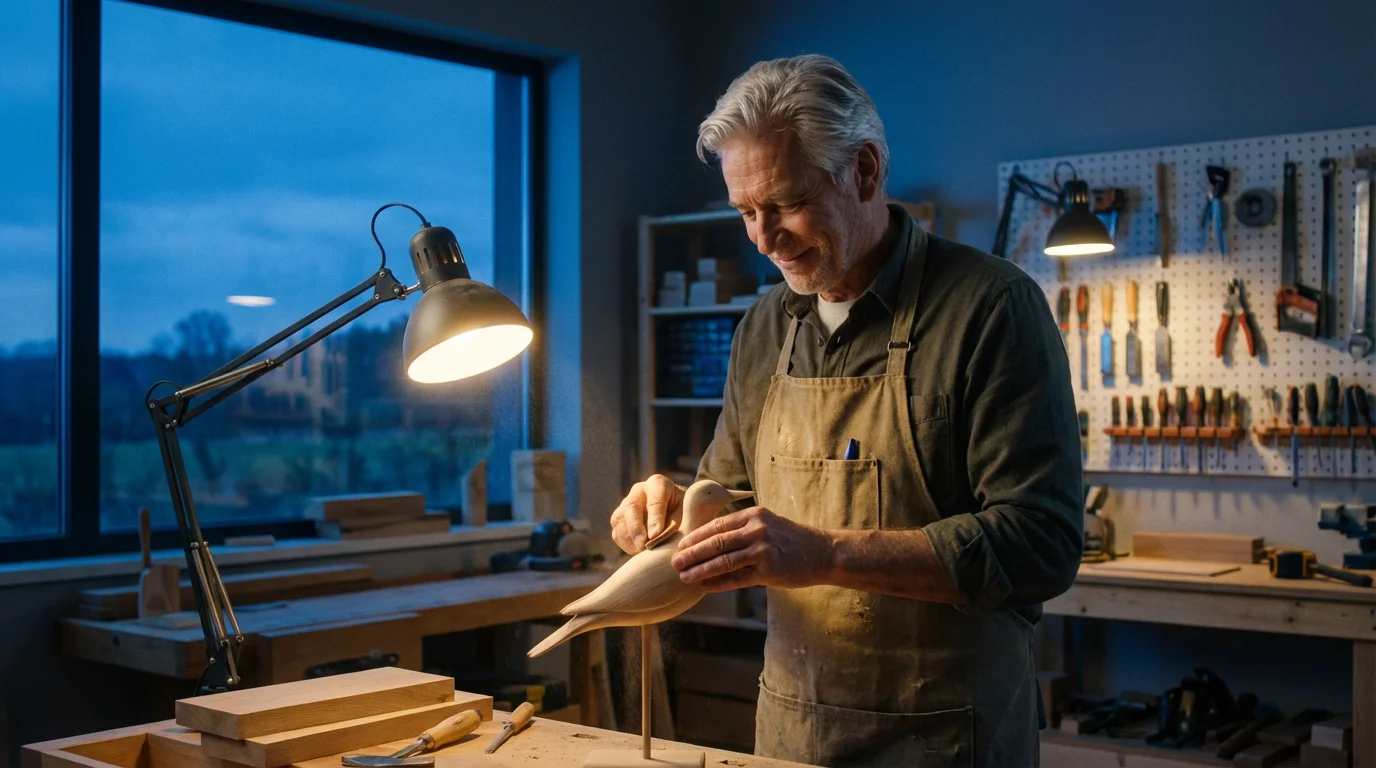 A senior man contentedly doing woodworking in his home workshop during the evening.