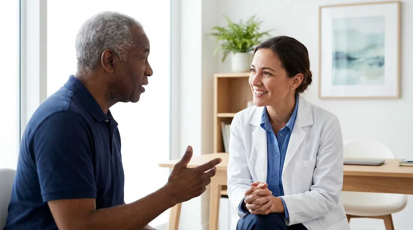A senior man discusses his fitness plan with his female doctor in a sunlit office.