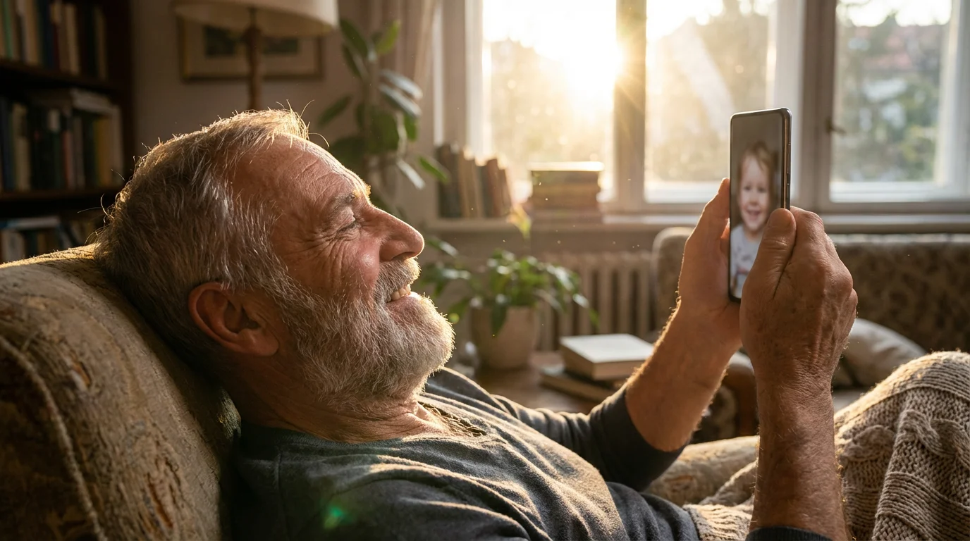 A senior man happily uses a smartphone for a family video call at sunset.