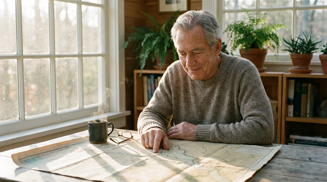A senior man in a sunlit room thoughtfully planning a journey with a map.