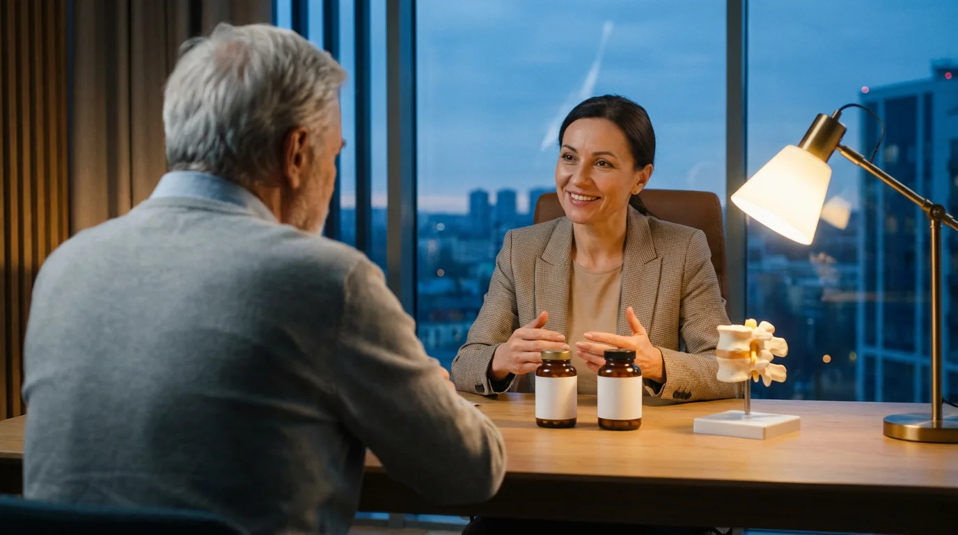A senior man in consultation with a doctor about bone health supplements at dusk.