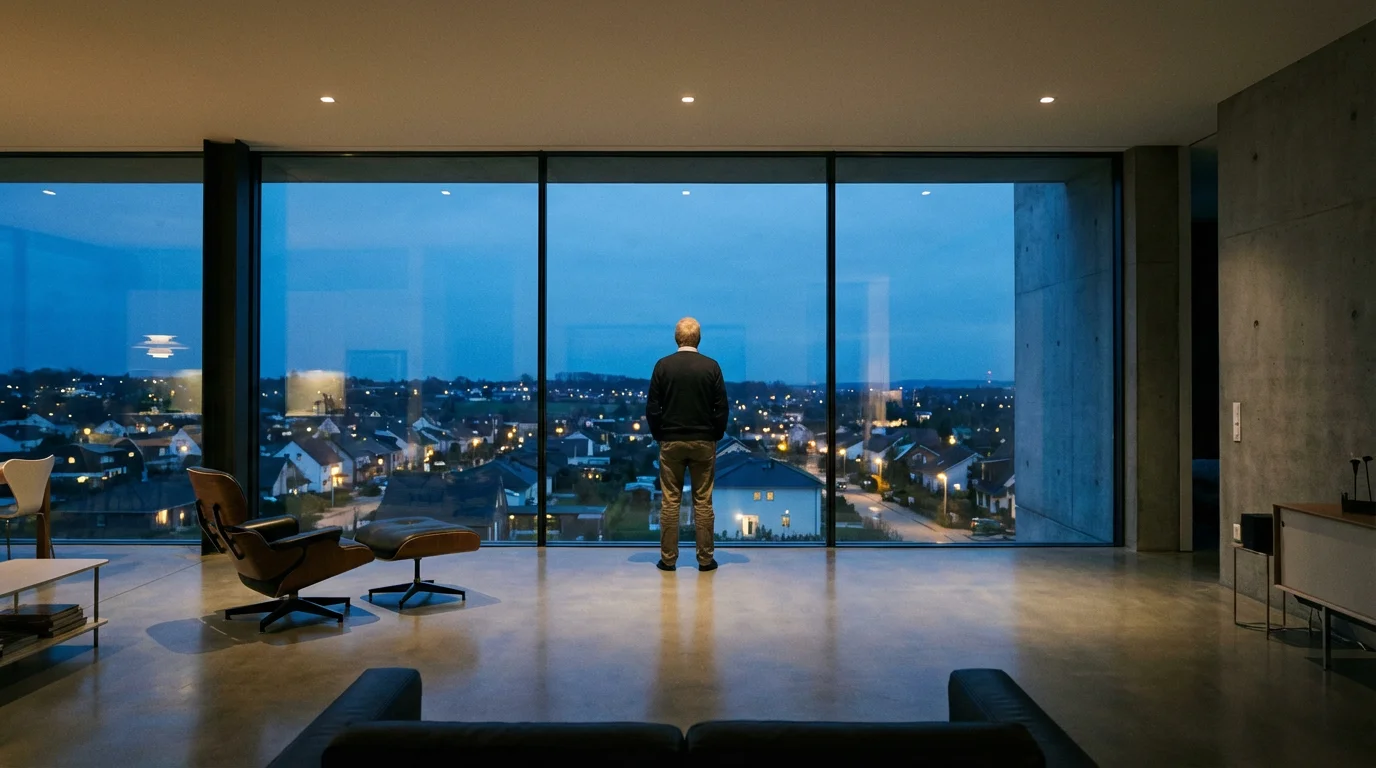 A senior man looking out his window at a suburban neighborhood during blue hour.
