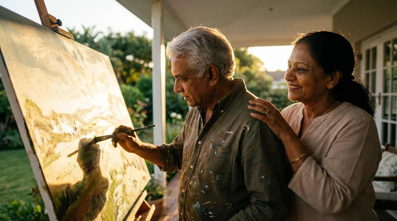 A senior man paints on a canvas during golden hour as his wife watches supportively.