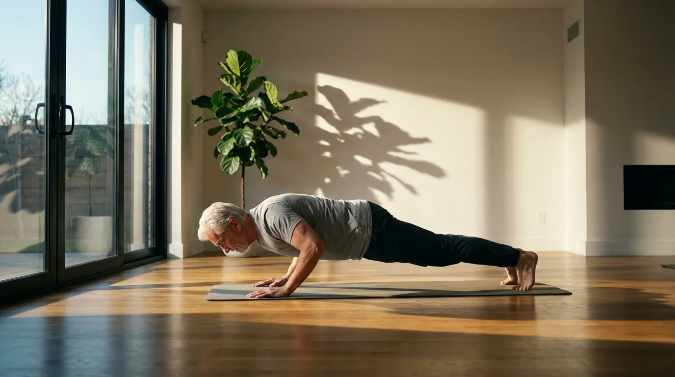 A senior man performs a plank exercise in his living room during the afternoon.