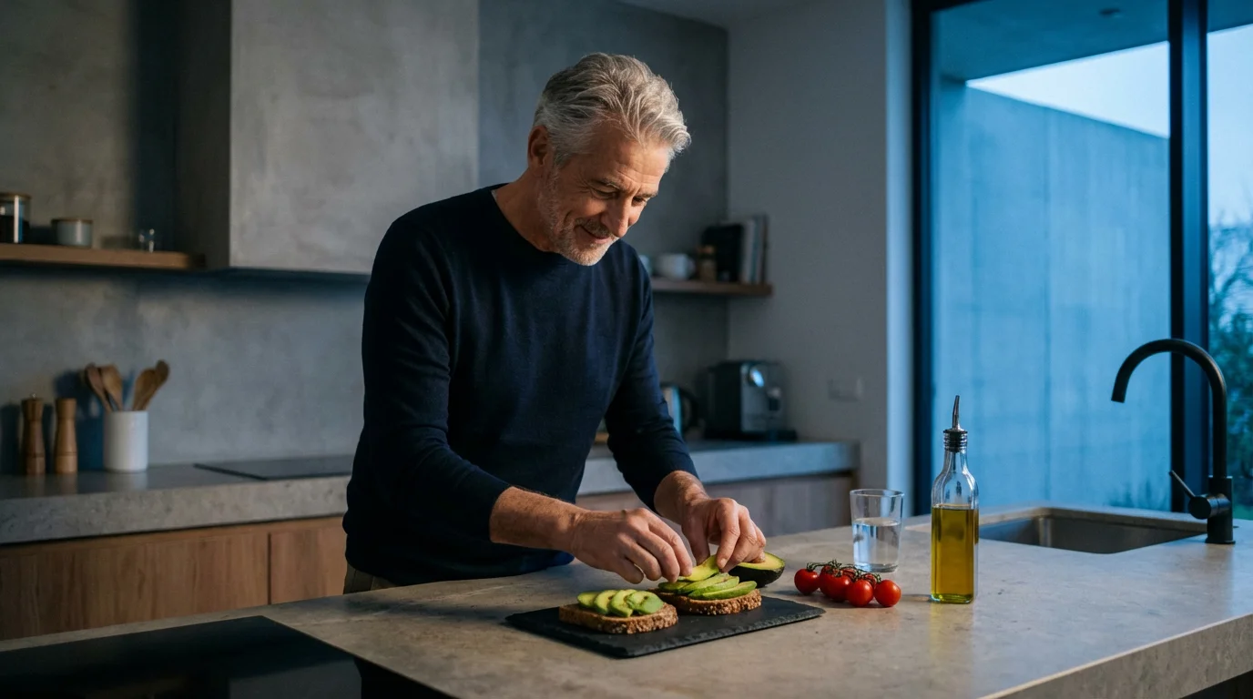 A senior man prepares a healthy avocado toast in his modern kitchen at dusk.