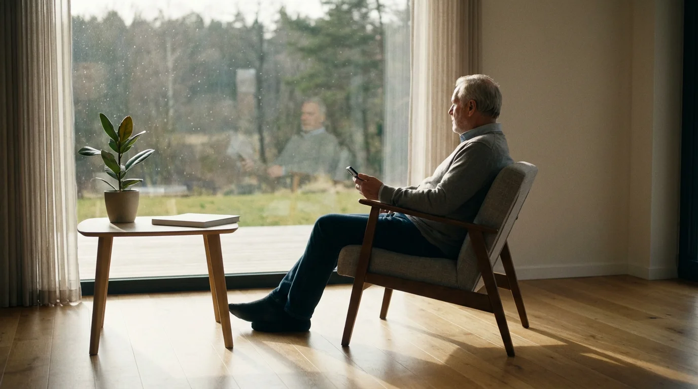 A senior man sits alone in a sunlit living room, looking thoughtfully out a window.