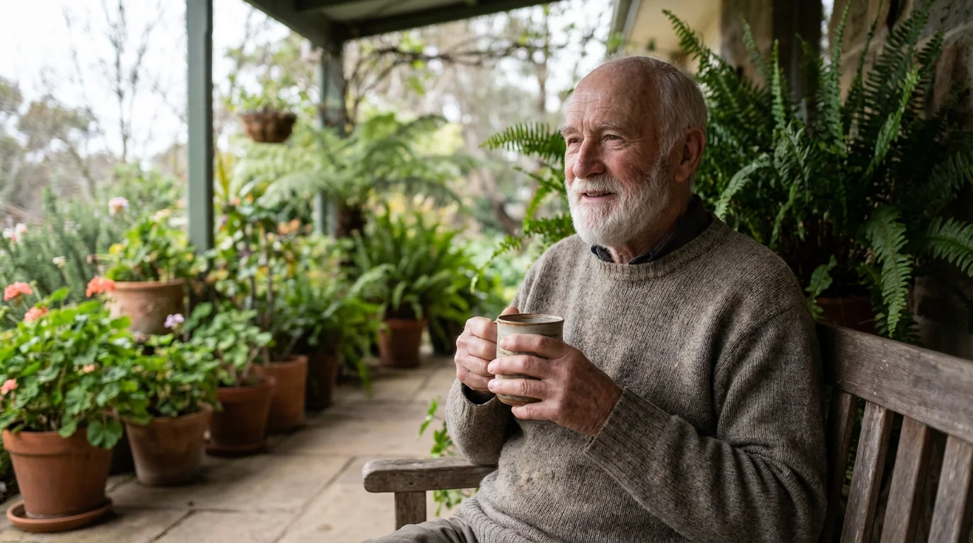 A senior man sits peacefully on a patio with plants, holding a mug.