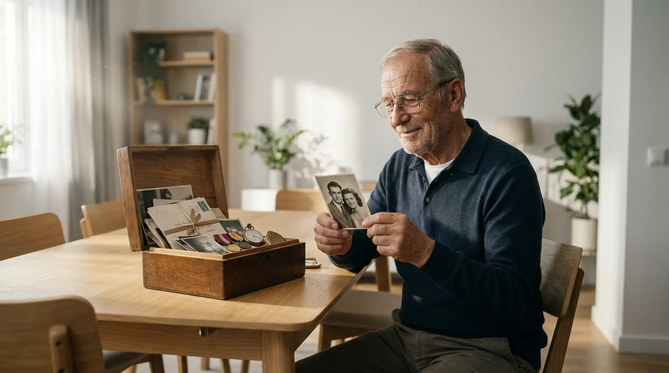 A senior man sitting at a table looking fondly at old family photographs and mementos.