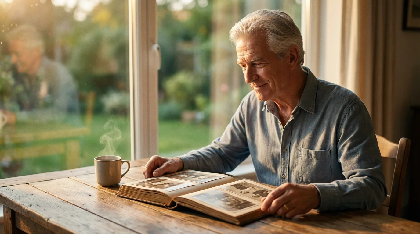 A senior man smiles while looking through an old photo album at a sunlit table.
