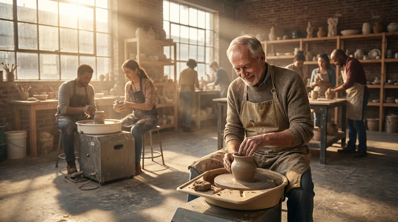 A senior man smiles while shaping clay on a potter's wheel in a community studio.