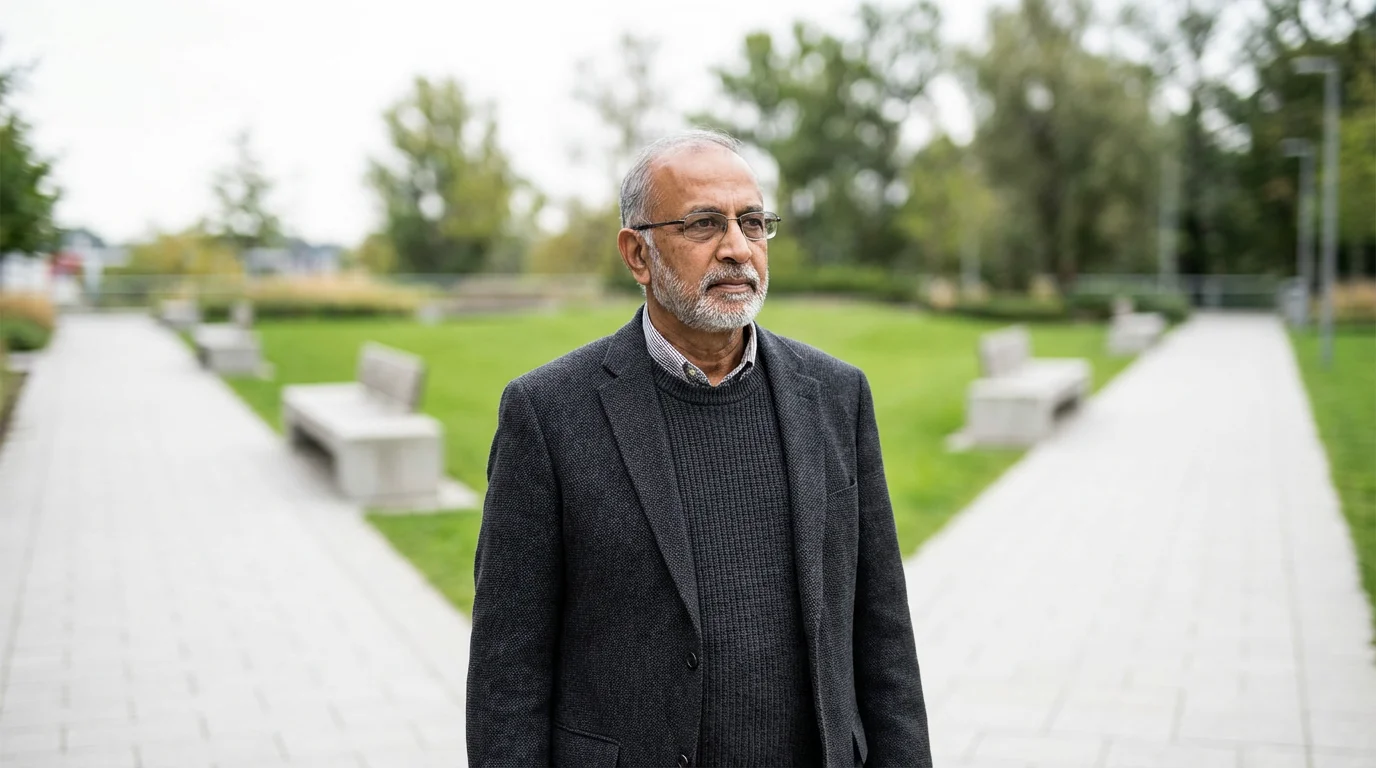 A senior man stands thoughtfully at a fork in a modern park path.