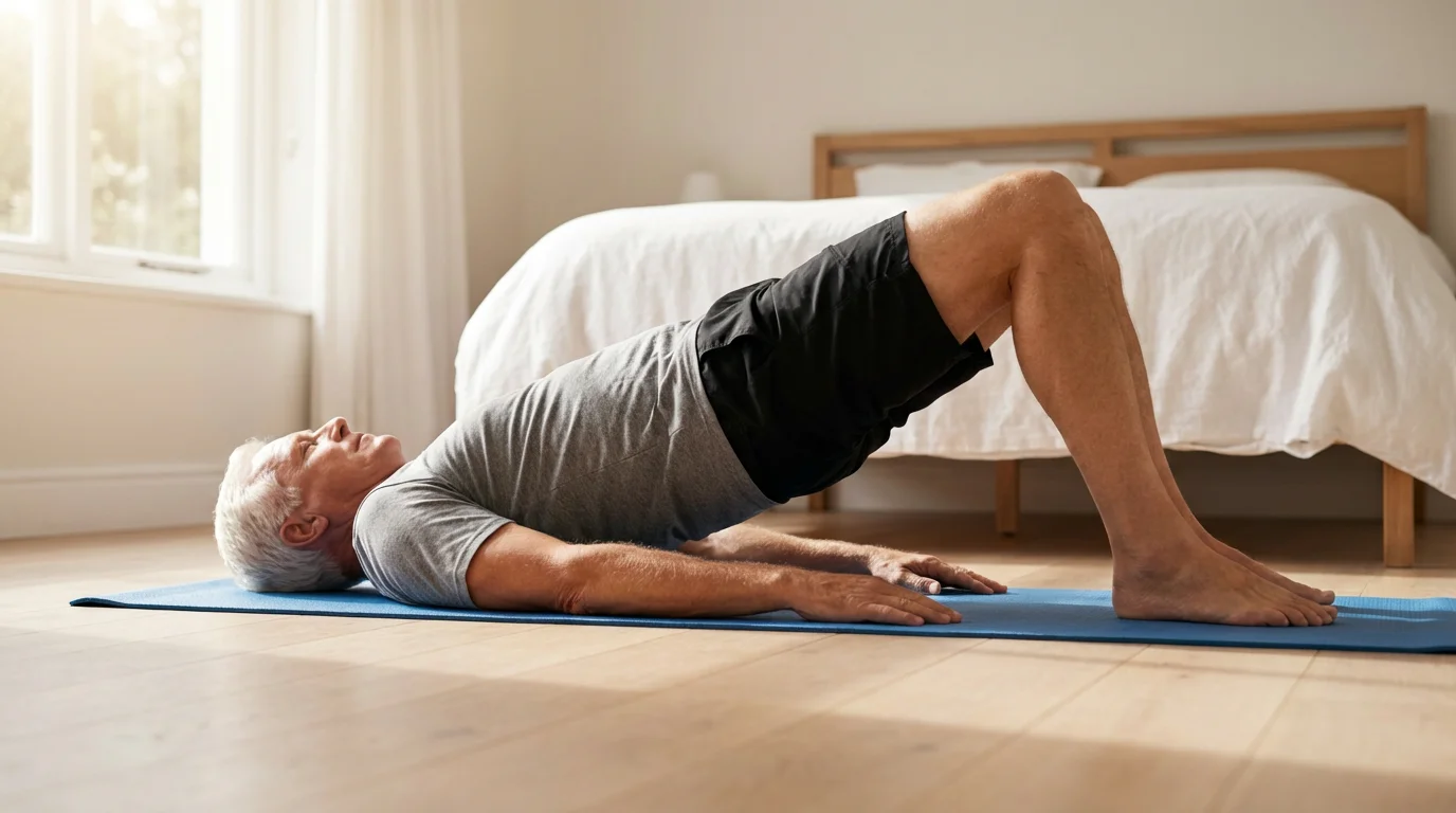A senior man strengthening his core by performing a glute bridge on a yoga mat.