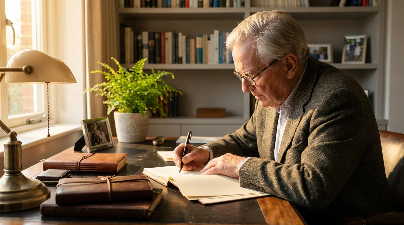 A senior man with glasses writing a thoughtful letter at his desk during golden hour.