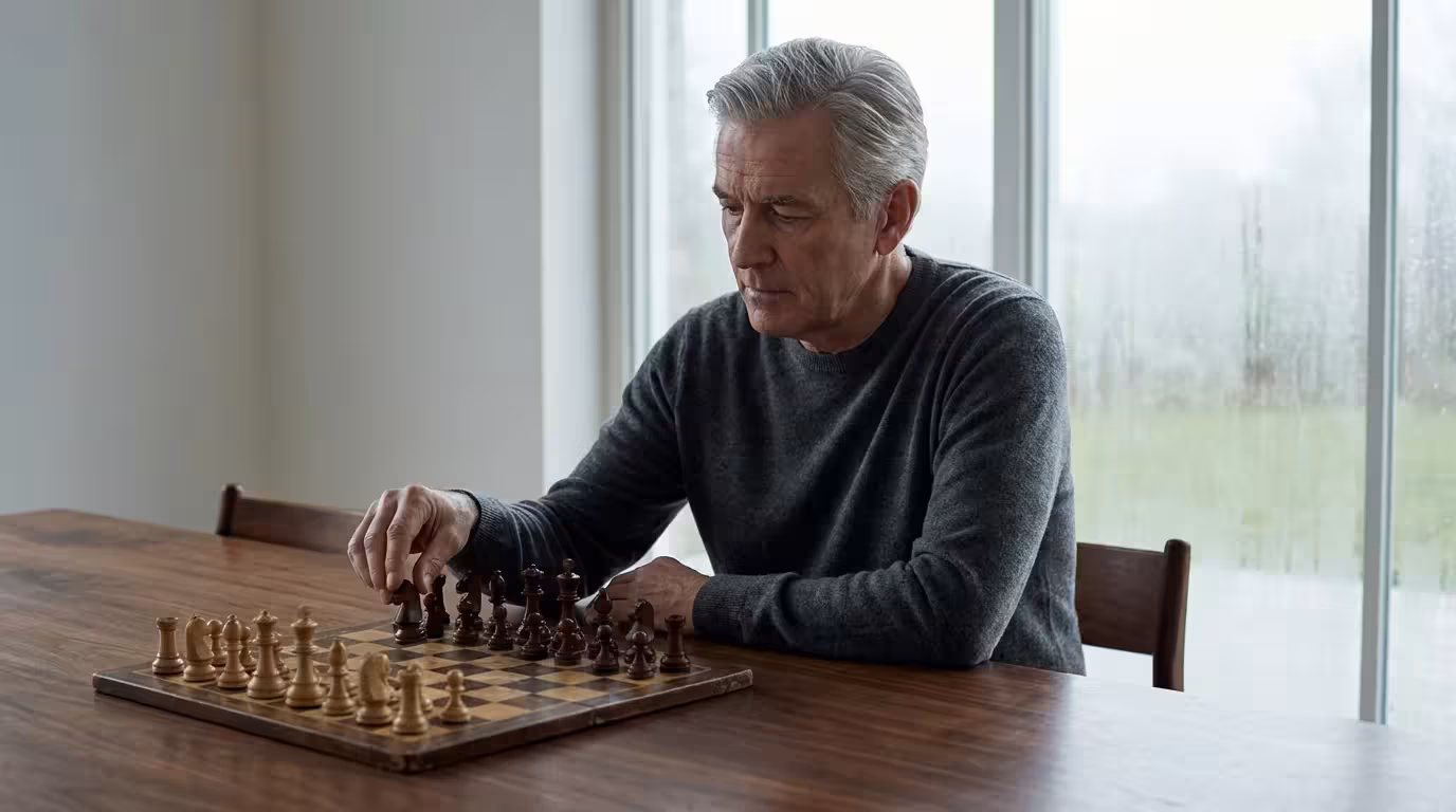 A senior man with silver hair thoughtfully playing a game of chess alone.