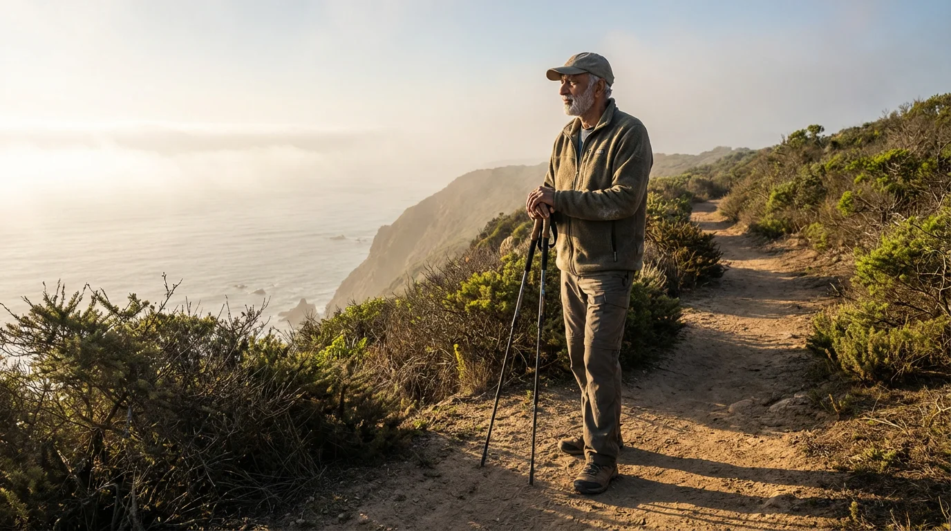 A senior man with trekking poles pauses to look at the ocean during a coastal hike.