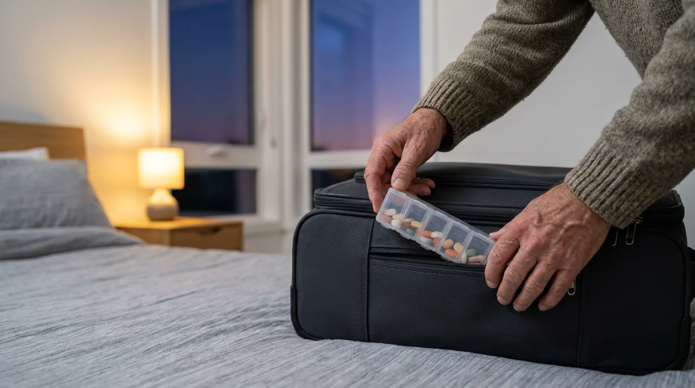 A senior man's hands carefully packing a pill organizer into a suitcase at dusk.