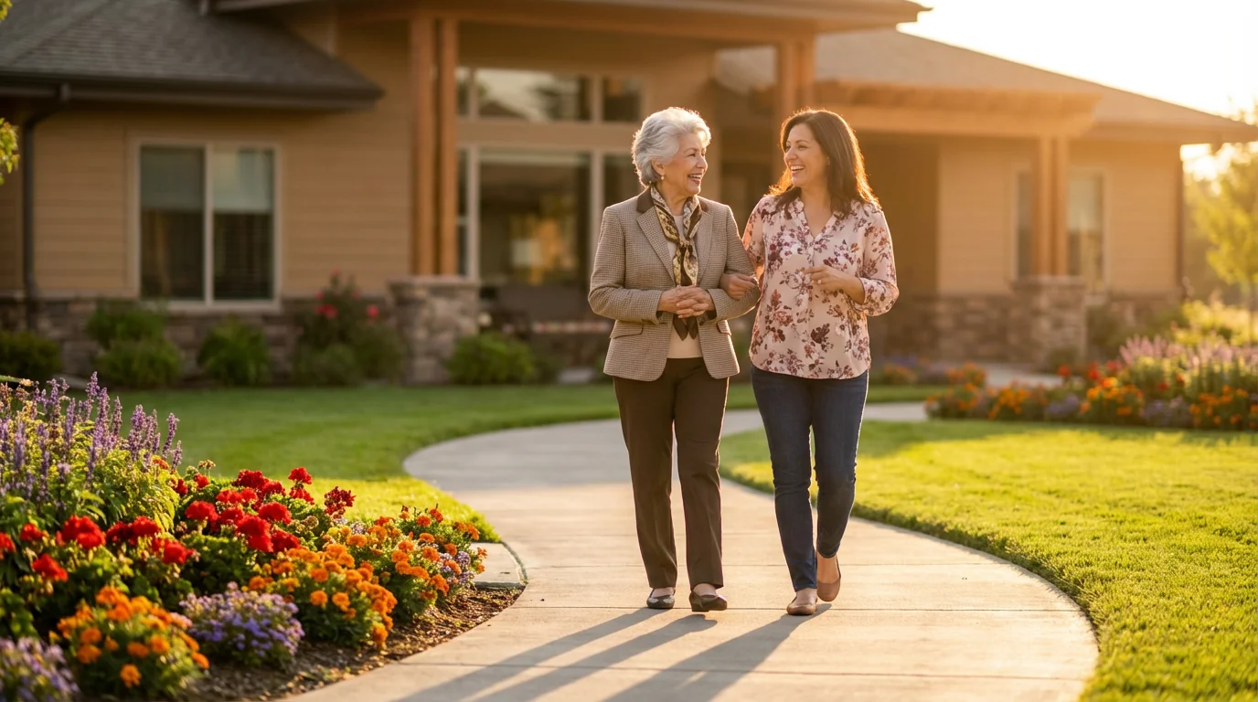 A senior mother and her adult daughter walking happily in a senior living community.