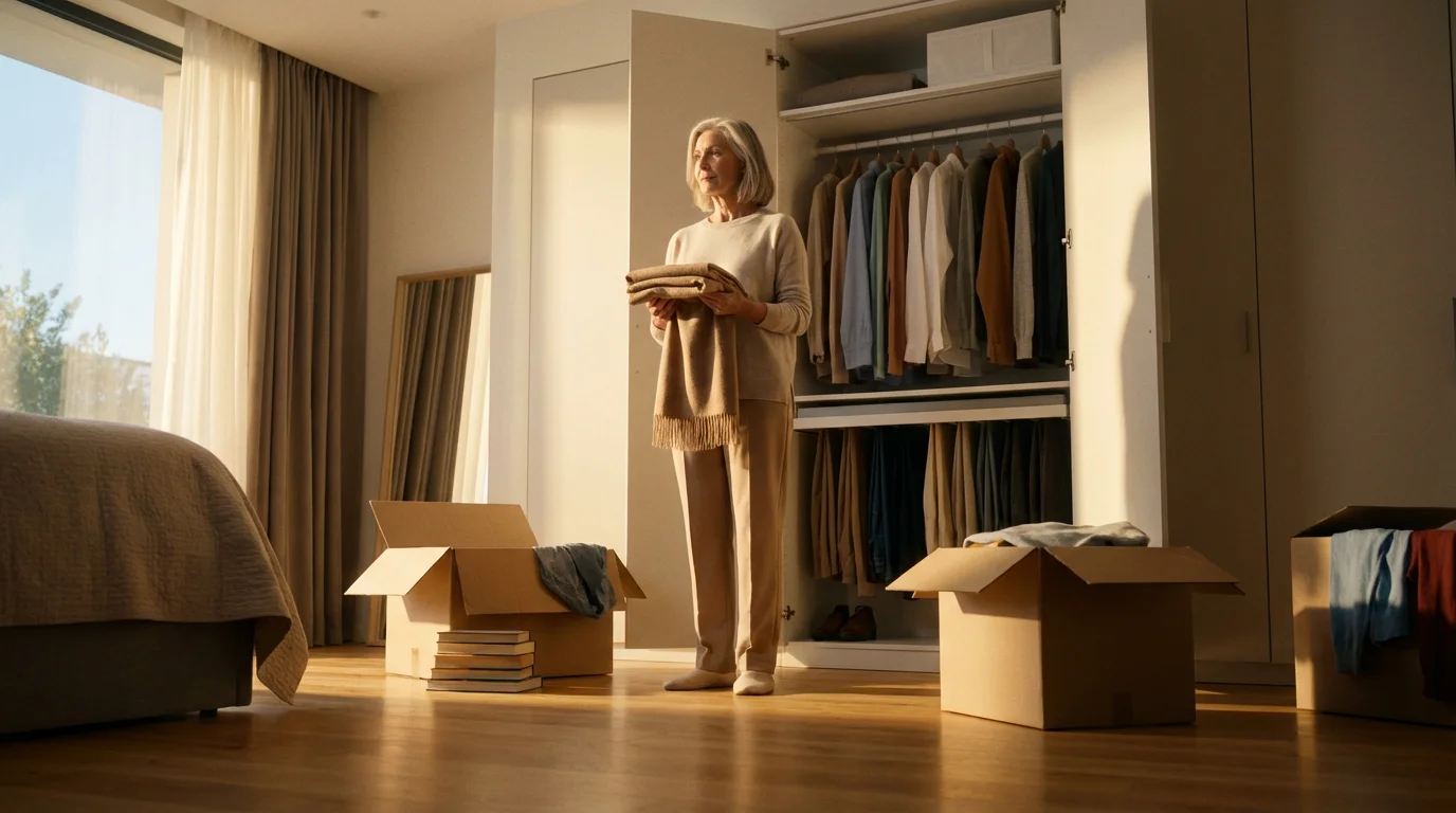 A senior person thoughtfully packing cherished items into boxes in a sunlit bedroom.