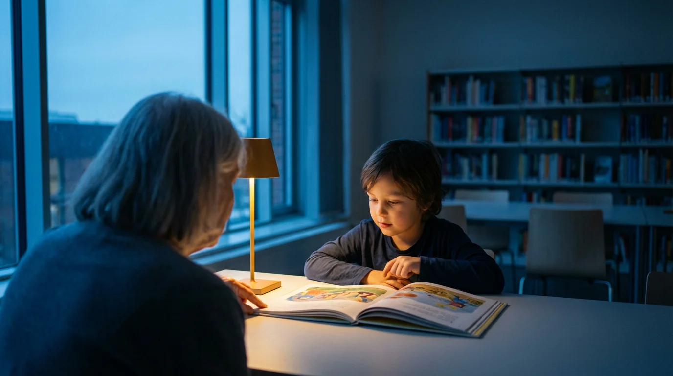 A senior volunteer helps a young child with a book during blue hour.